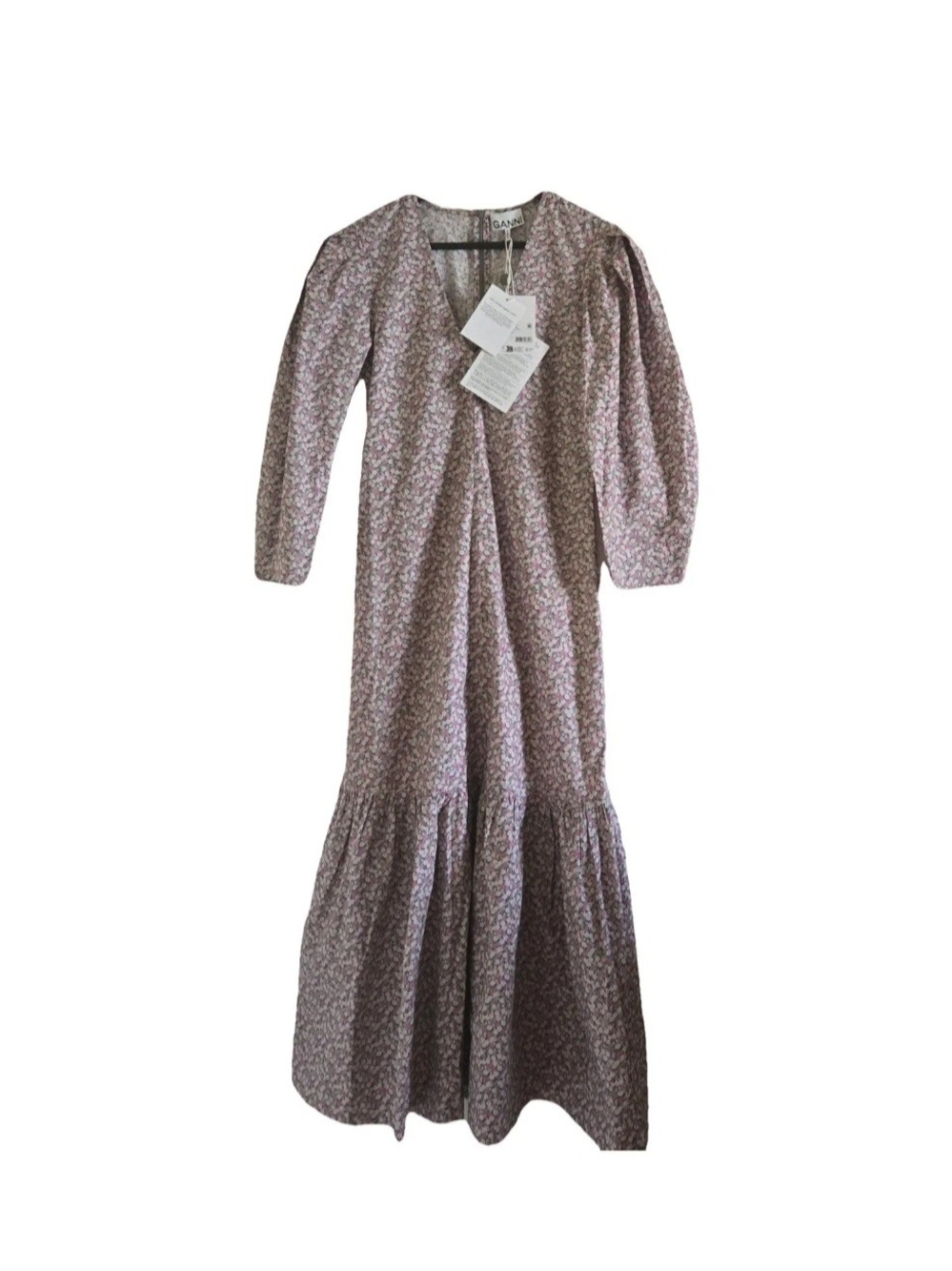 Ganni Mauve Floral Puff-Sleeve Maxi Dress